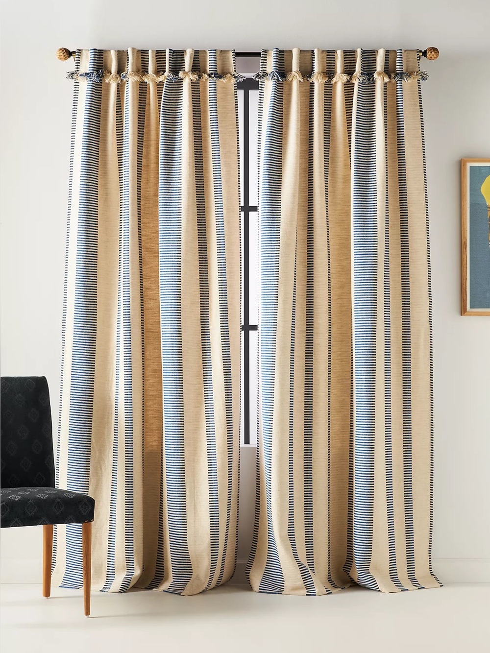 Anthropologie Pieced Stripe Cotton Blend Woven Curtain blue